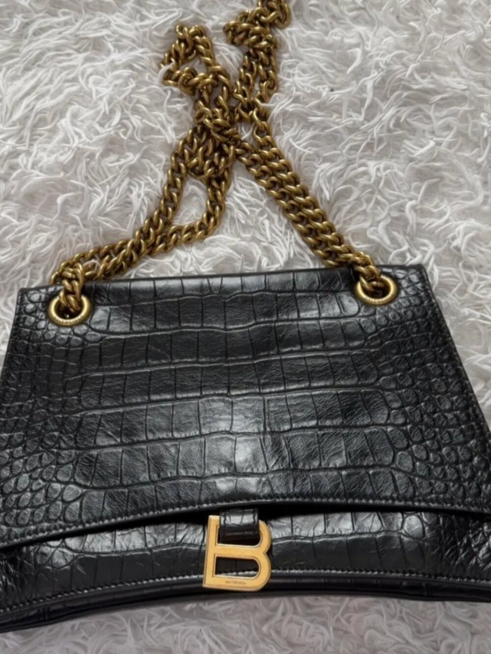 Balenciaga Crush Medium Chain Bag Crocodile Embossed Black